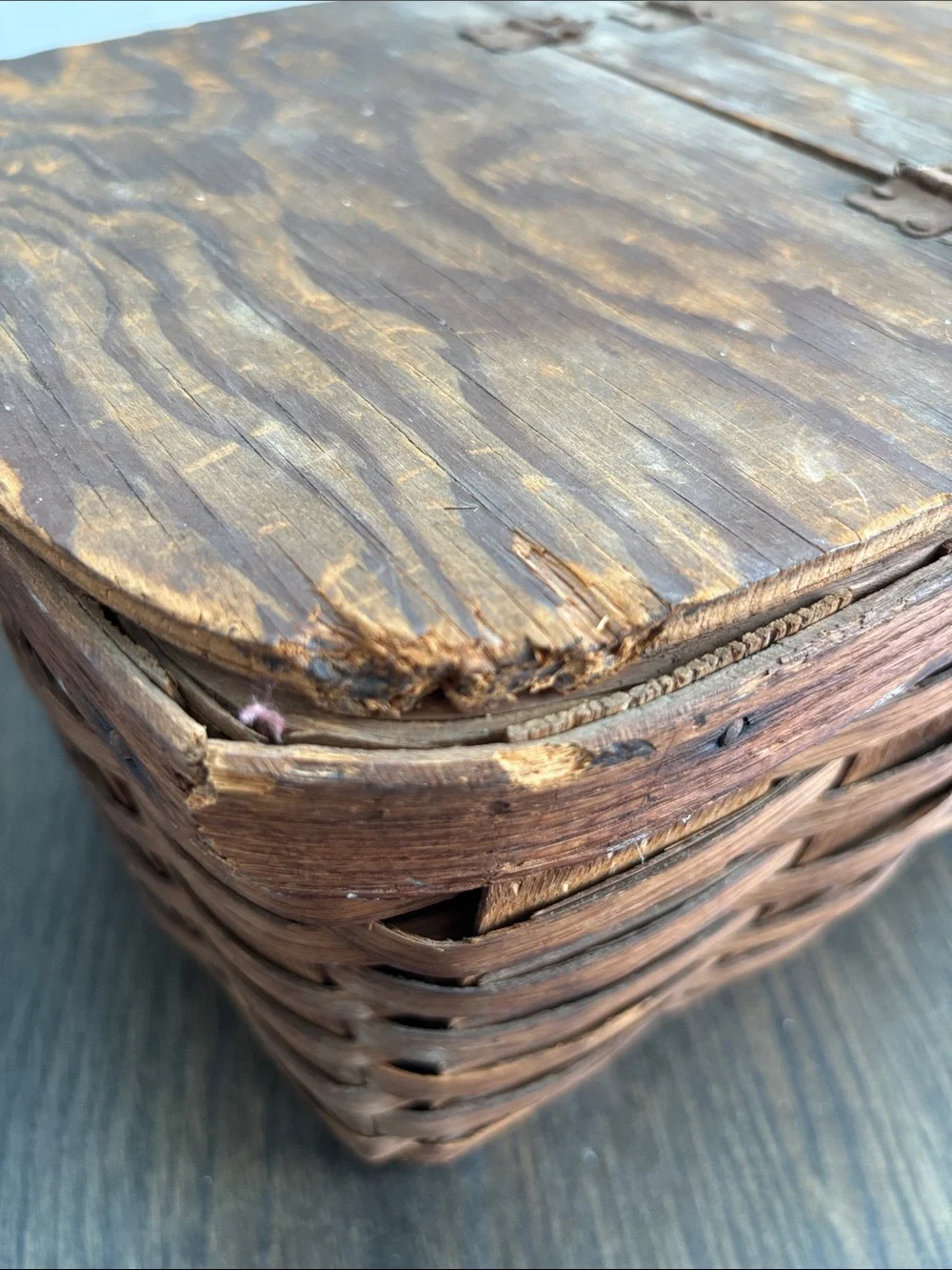 Vintage double lidded picnic basket, one handle,hinges, rustic, wood, 16x9.5x12”